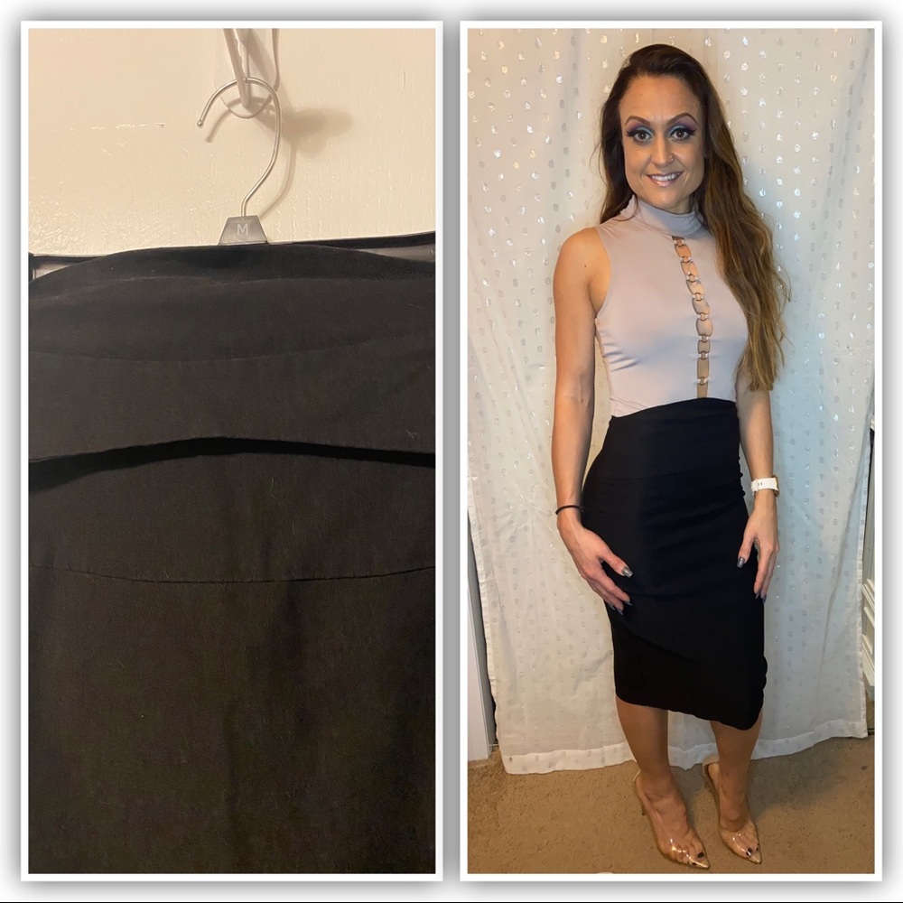 Me Jane High waisted black midi pencil skirt.